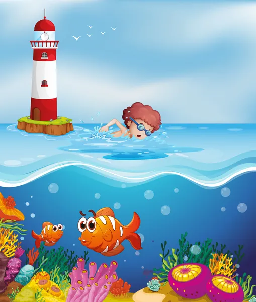 A boy swimming with fishes and corals at the beach — Stock Vector