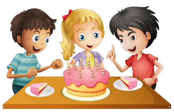 A table with cake surrounded by three kids — Stock Vector