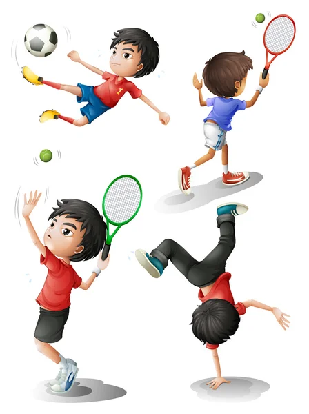 Cuatro chicos practicando diferentes deportes — Vector de stock