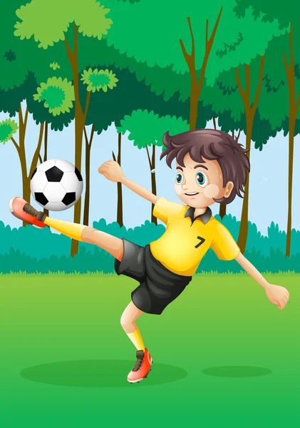 A boy playing soccer at the forest — Stock Vector