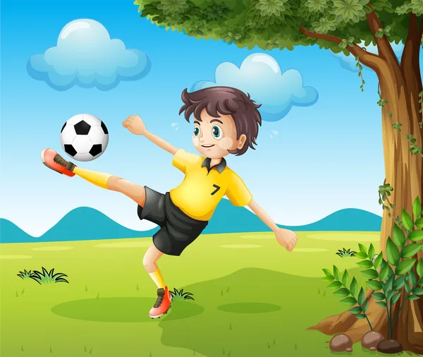 A boy playing soccer at the hill near the big tree — Stock Vector