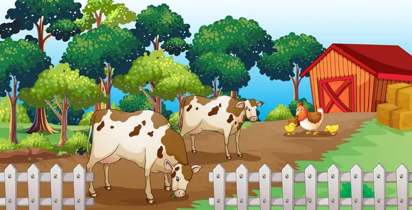 Una granja con animales dentro de la valla — Vector de stock