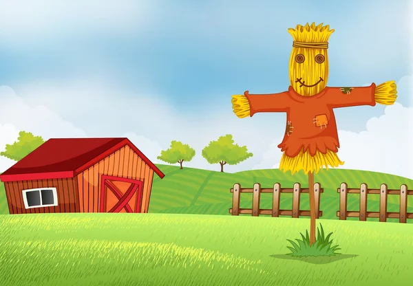 A farm with a barn and a scarecrow — Stock Vector