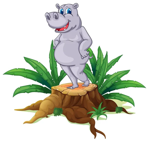 A hippopotamus standing on a stump with leaves — Stock Vector