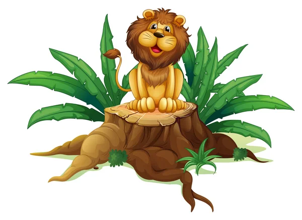 A lion sitting on a stump with leaves — Stock Vector
