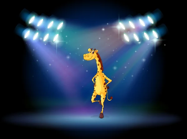 Uma girafa dançando no palco com holofotes — Vetor de Stock