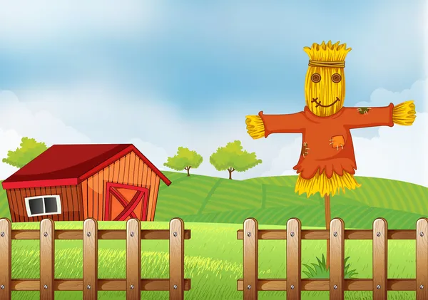 A scarecrow inside the wooden fence — Stock Vector