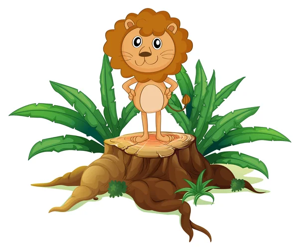 A little lion standing on a stump with leaves — Stock Vector