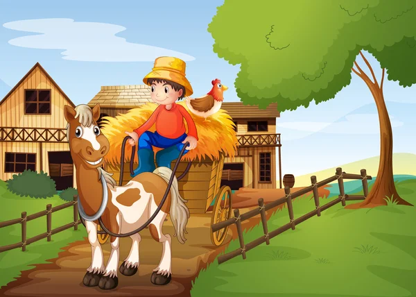 一位农民骑在一只鸡，后面一辆马车 — 图库矢量图片