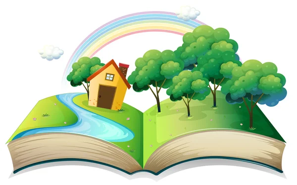 Un libro con una historia de una casa en el bosque — Vector de stock