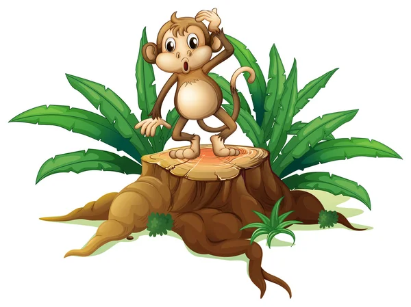 A monkey standing on the stump with leaves — Stock Vector