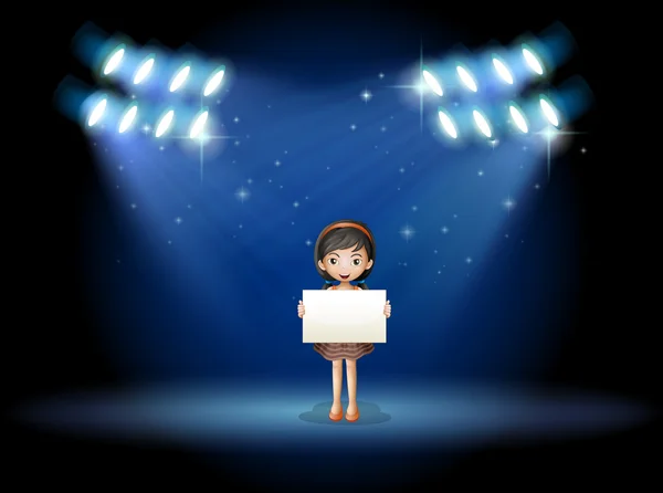 A girl holding an empty signage at the stage with spotlights — Stock Vector