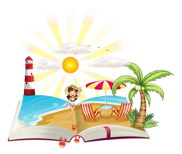 Bir kitap ile bir plaj görüntüsü — Stok Vektör