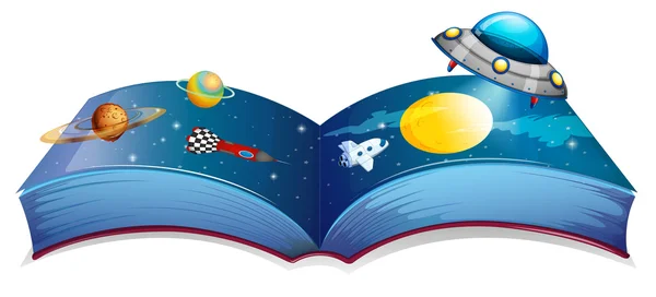 Ein Buch mit einem Bild von Raumschiff und Planeten — Stockvektor