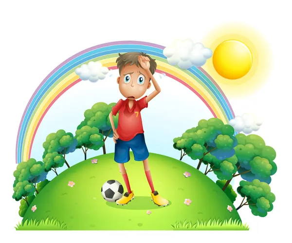 A tired soccer player at the top of the hill — Stock Vector