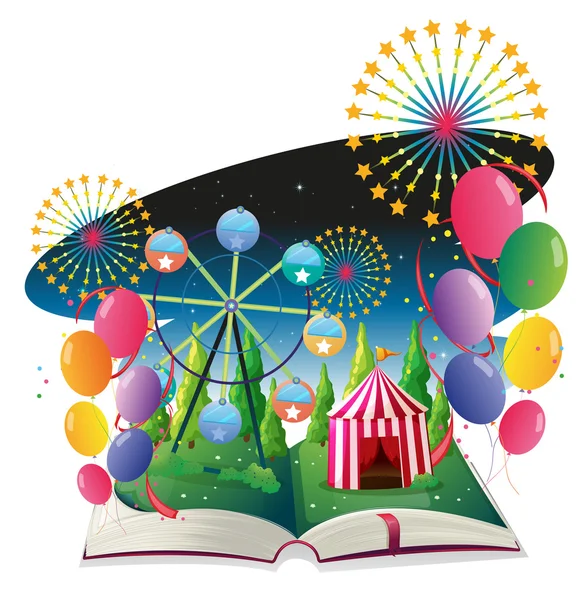 Un libro con una imagen de un carnaval con globos — Vector de stock