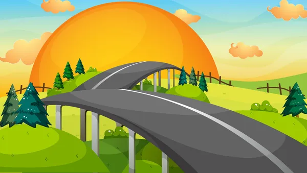 Un largo camino con una puesta de sol — Vector de stock