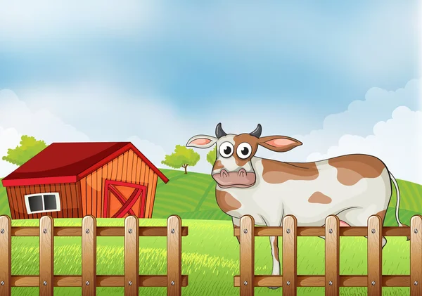 Uma fazenda com uma vaca — Vetor de Stock