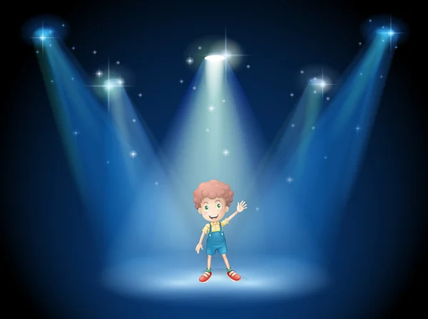 En pojke som vifta med handen på scenen med spotlights — Stock vektor