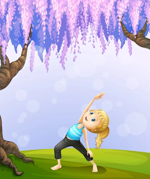 Dev bir ağacın yanında egzersiz bir kız — Stok Vektör
