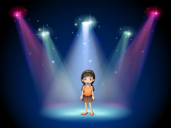 Ein lächelndes Mädchen steht mit Scheinwerfern auf der Bühne — Stockvektor