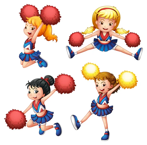 Quatre pom-pom girls avec leurs pompons — Image vectorielle