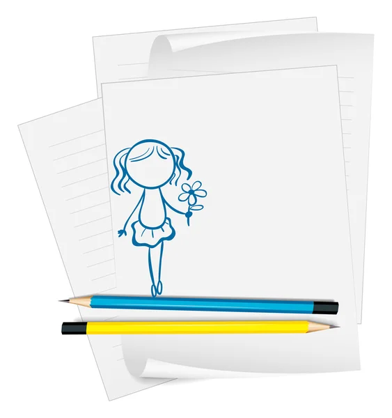 A paper with a drawing of a girl holding a flower — Stock Vector