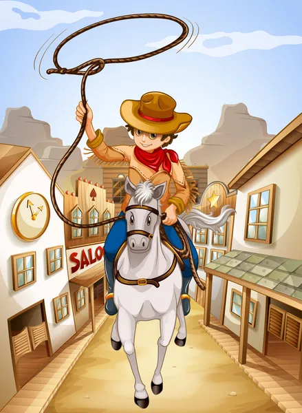 Een dorp met een jonge jongen in een paard rijden — Stockvector