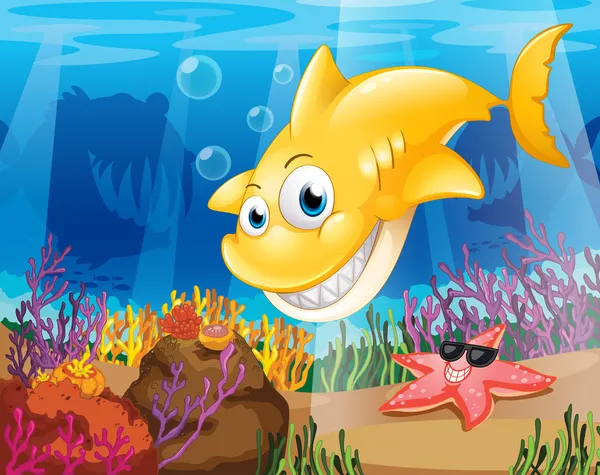 A yellow shark under the sea with starfish and corals — Stock Vector