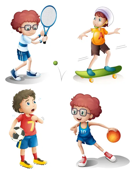 Four boys performing different sports — Stock Vector