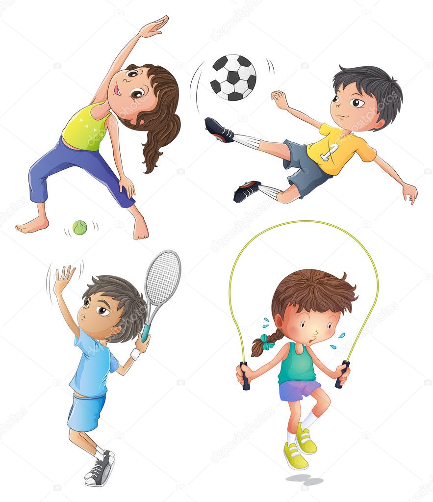 Two young girls exercising and two young boys playing