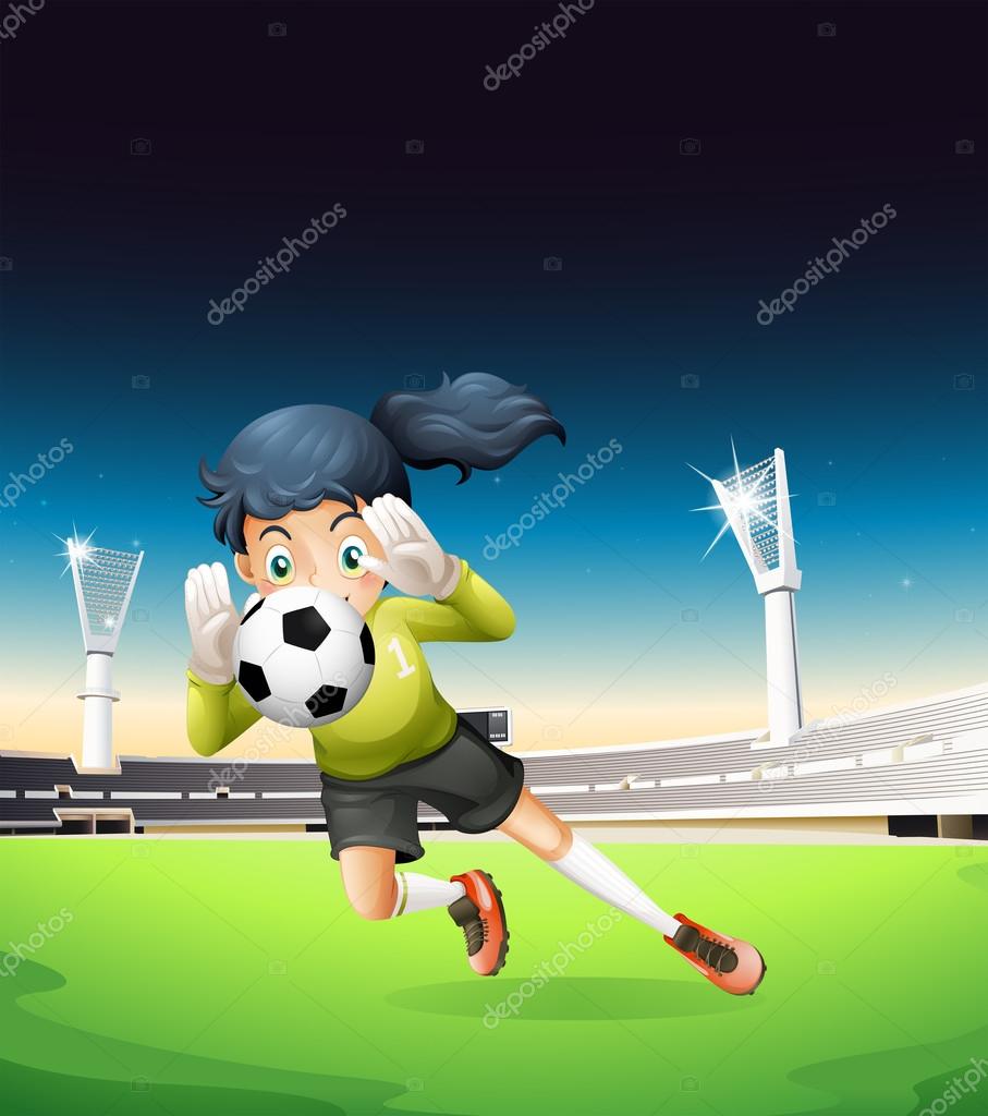 Women Soccer Player Running with Ball. Vector Football Sport Green