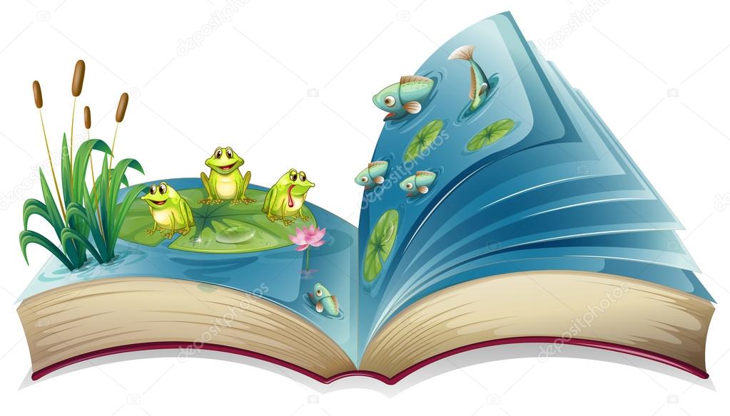 A book with an image of the frogs and fishes in the pond