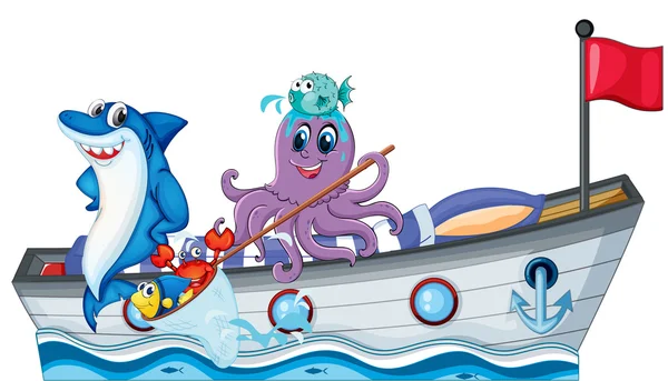Criaturas marinas cabalgando en un barco con bandera — Vector de stock