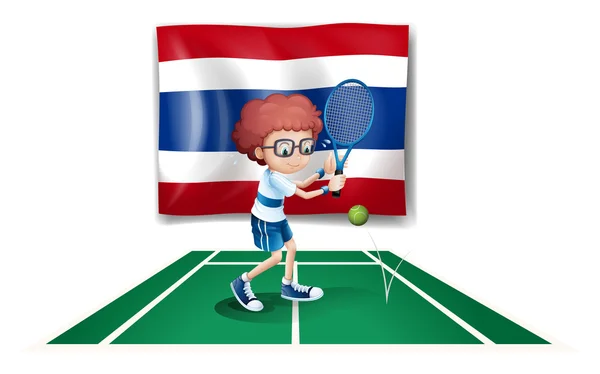 Um menino jogando tênis na frente da bandeira da Tailândia — Vetor de Stock