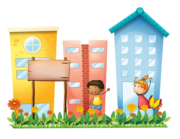 Uma menina e um menino no jardim com uma placa de madeira — Vetor de Stock
