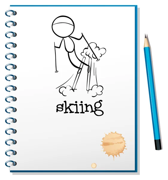 A notebook with a drawing of a boy skiing — Stock Vector