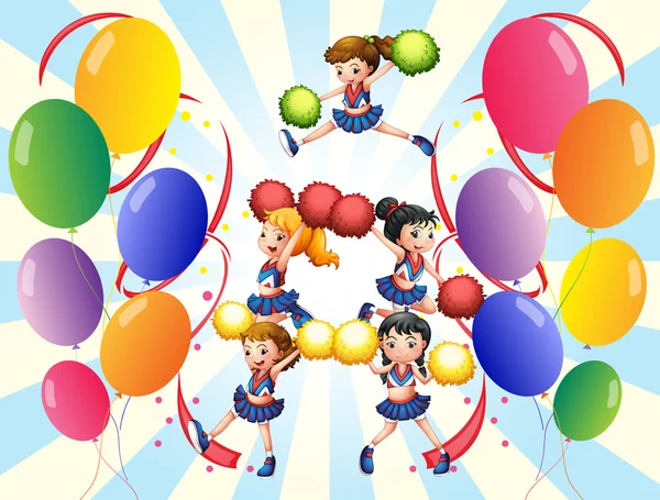 A cheering squad in the middle of the balloons — Stock Vector