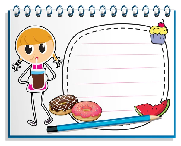 Um caderno com desenho de menina com suco — Vetor de Stock