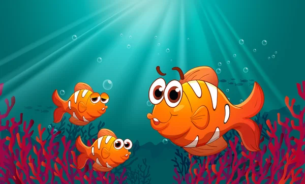 Three fishes under the sea with corals — Stock Vector