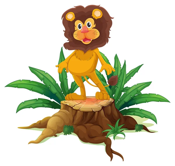 A lion standing on a stump with leaves — Stock Vector