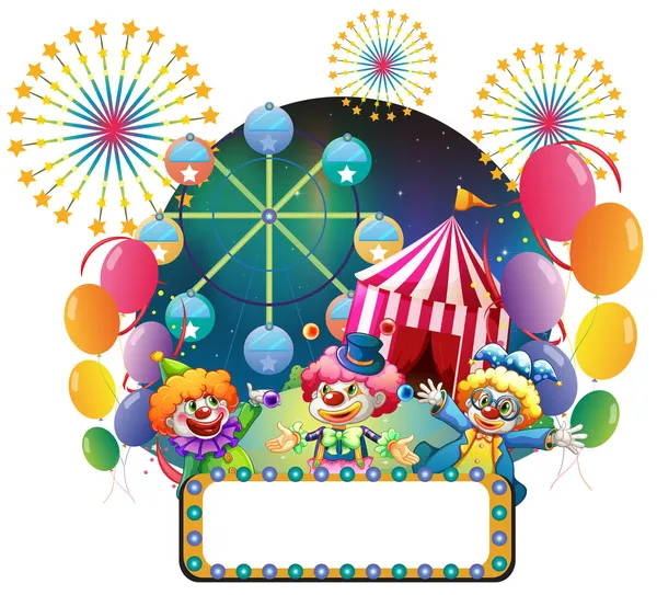 Three clowns in front of a carnival with an empty signage — Stock Vector