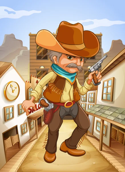 Un homme tenant une arme avec un chapeau devant le saloon — Image vectorielle