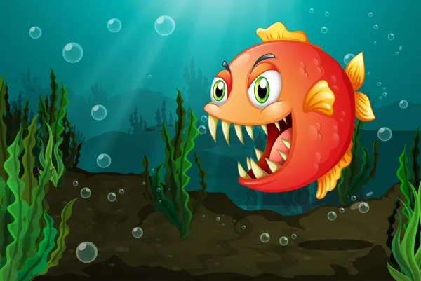 A piranha under the sea with seaweeds — Stock Vector