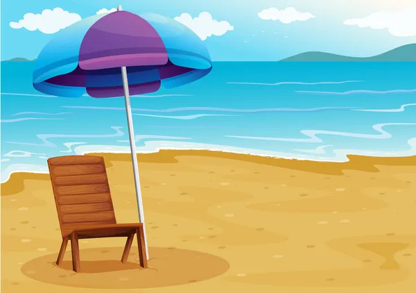 Пляж з розслабляючим дерев'яним стільцем під парасолькою — стоковий вектор