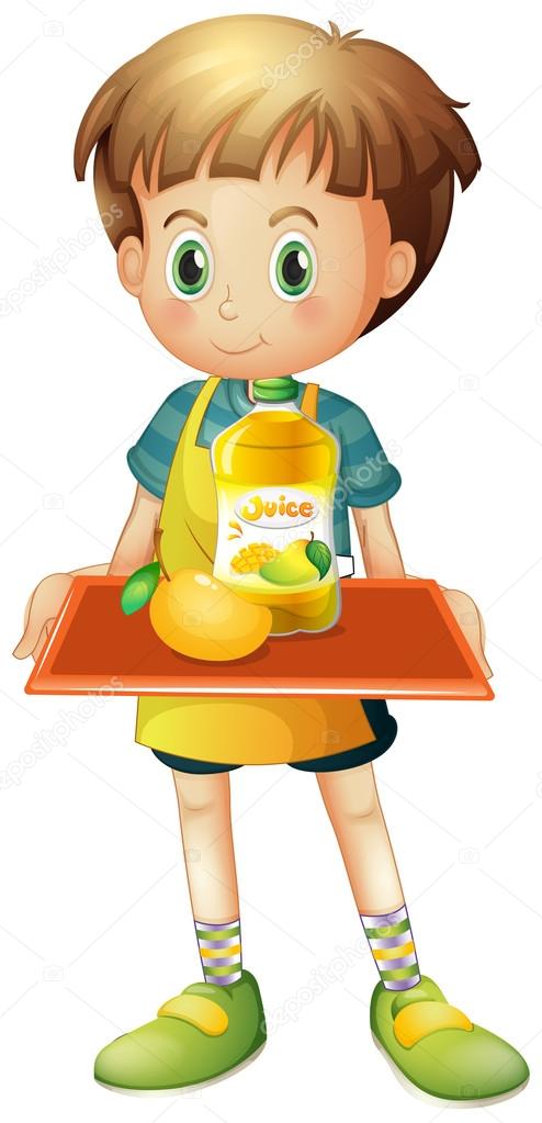 A boy holding a tray with mango juice