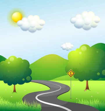 A curve road with a curve sign along the mountain vector A curve road with a curve sign along the mountain vector
