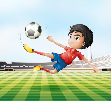 A boy playing soccer in the soccer field vector A boy playing soccer in the soccer field vector