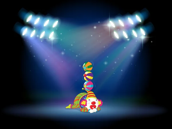 A clown doing some tricks at the center of the stage — Stock Vector