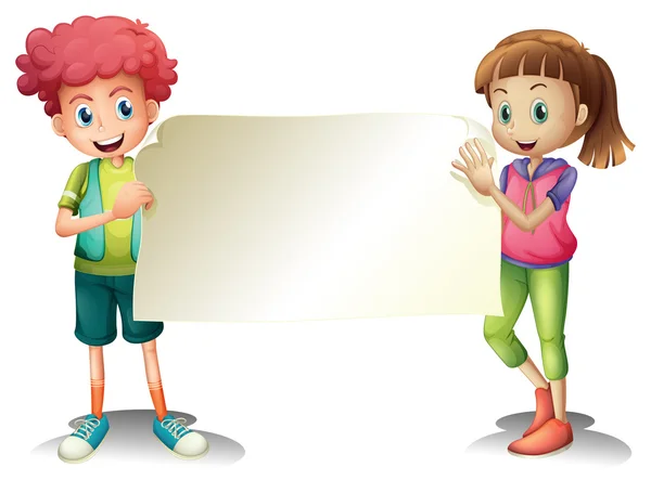 Two kids holding an empty signage — Stock Vector